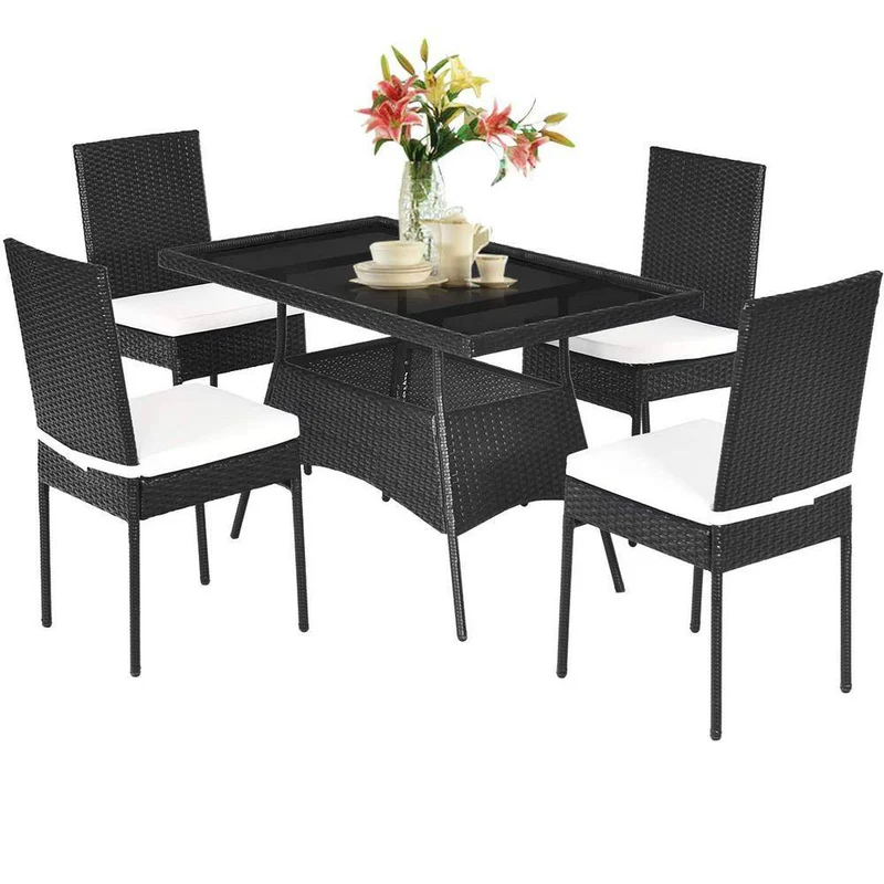 Black 5-Piece Wicker Outdoor Dining Set with Glass Table and Beige Cushions