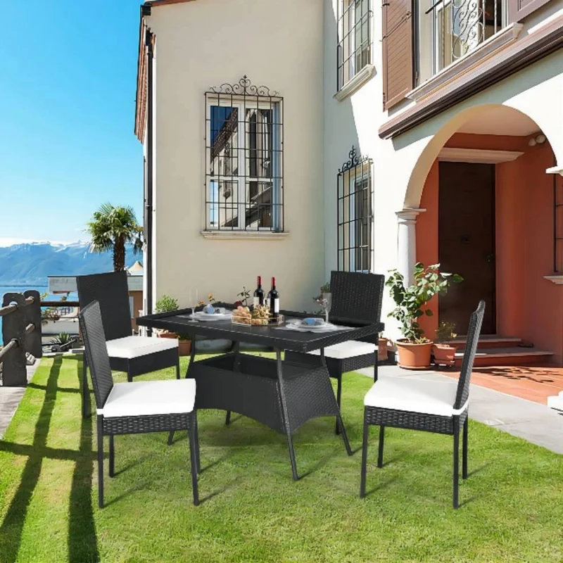 Black 5-Piece Wicker Outdoor Dining Set with Glass Table and Beige Cushions