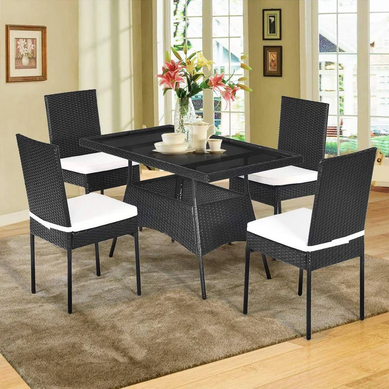 Black 5-Piece Wicker Outdoor Dining Set with Glass Table and Beige Cushions