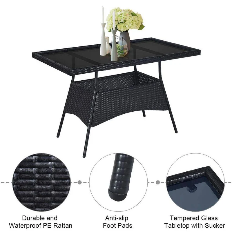 Black 5-Piece Wicker Outdoor Dining Set with Glass Table and Beige Cushions