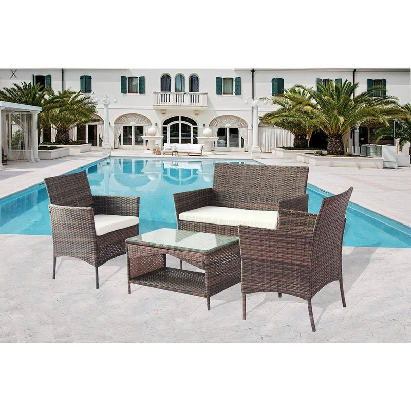 4-Piece Wicker Patio Conversation Seating Set with Beige Cushions
