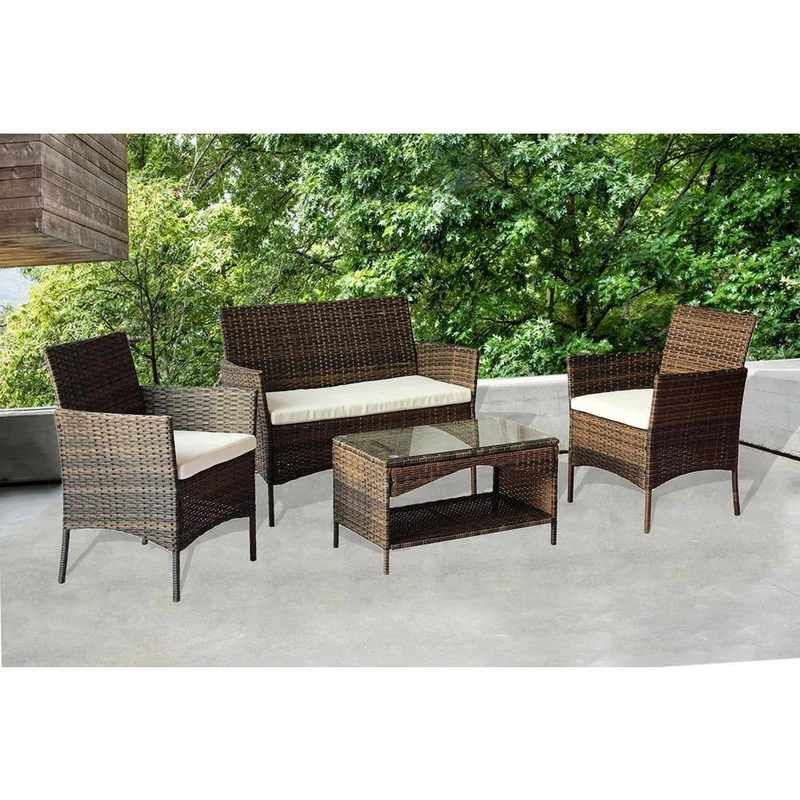 4-Piece Wicker Patio Conversation Seating Set with Beige Cushions