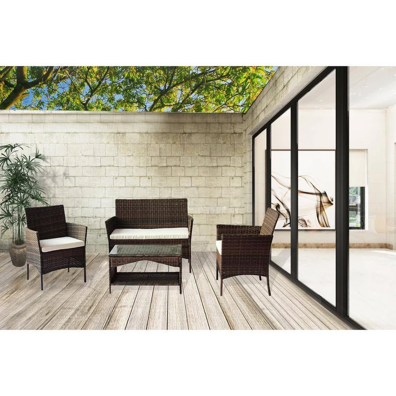 4-Piece Wicker Patio Conversation Seating Set with Beige Cushions