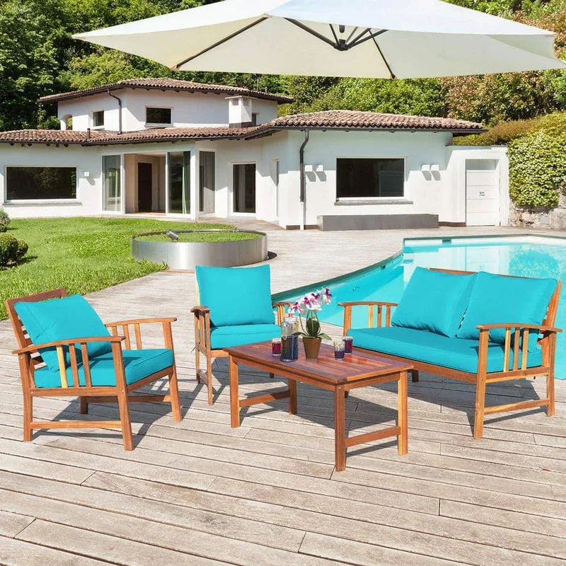 4-Piece Wood Patio Conversation Set with Turquoise Cushions