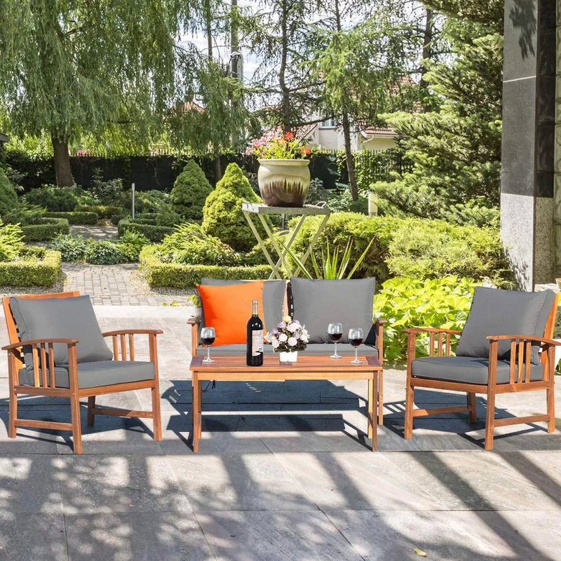 4-Piece Wood Patio Conversation Set with Gray Cushions