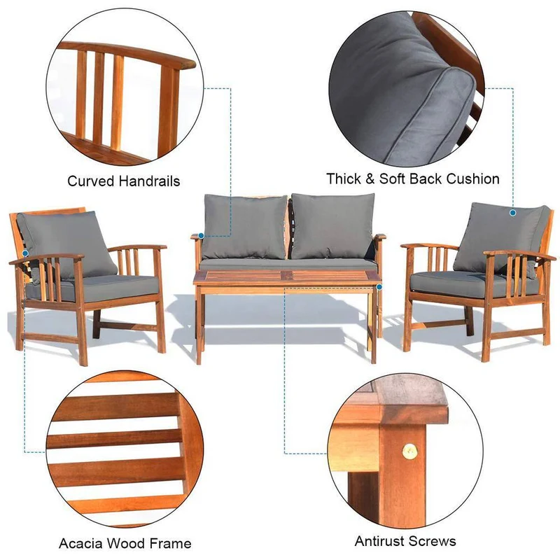 4-Piece Wood Patio Conversation Set with Gray Cushions