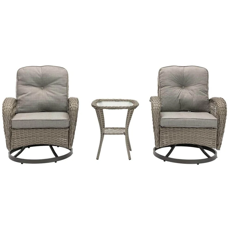 3-Piece Wicker Patio Conversation Set Outdoor Rocking Chair with Grey Cushions