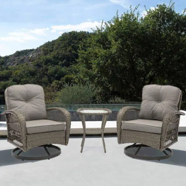 3-Piece Wicker Patio Conversation Set Outdoor Rocking Chair with Grey Cushions