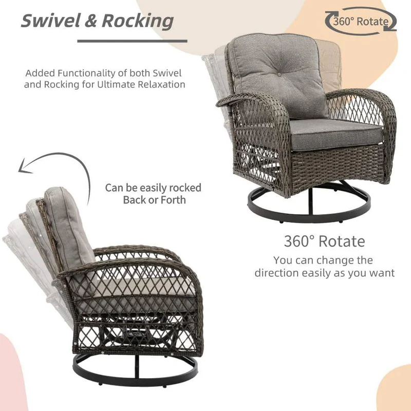 3-Piece Wicker Patio Conversation Set Outdoor Rocking Chair with Grey Cushions