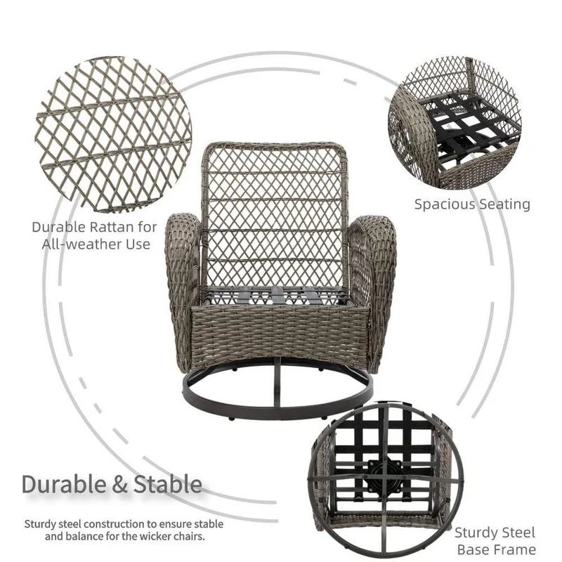 3-Piece Wicker Patio Conversation Set Outdoor Rocking Chair with Grey Cushions