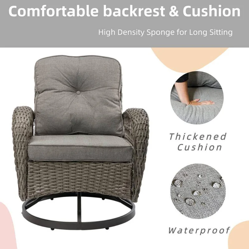 3-Piece Wicker Patio Conversation Set Outdoor Rocking Chair with Grey Cushions