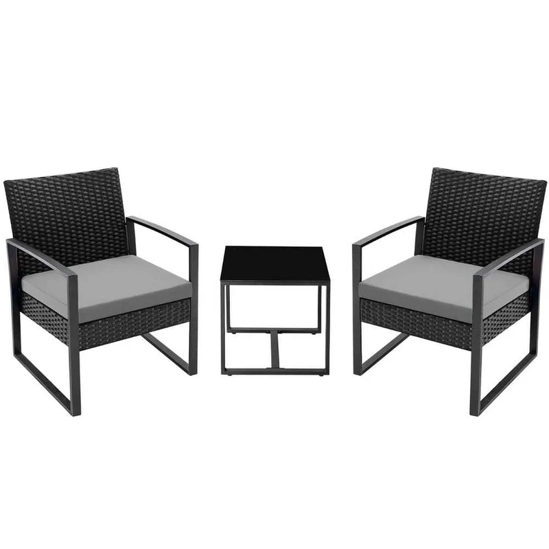 3-Piece Wicker Patio Conversation Set Bistro Furniture Set with Gray Cushions