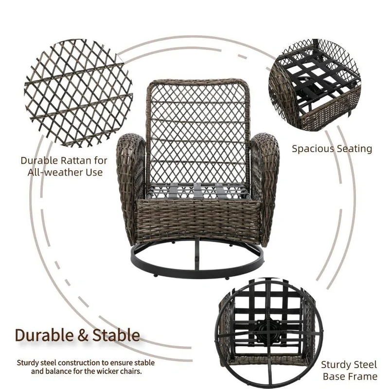 3-Piece Brown Wicker Patio Conversation Set Outdoor Rocking Chair with Blue Cushions
