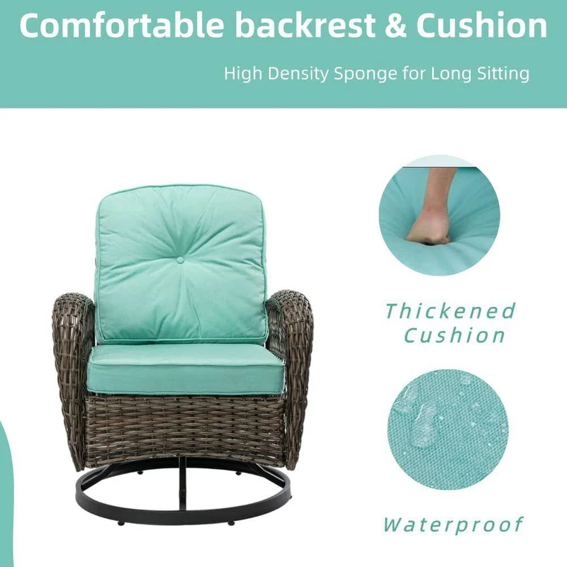 3-Piece Brown Wicker Patio Conversation Set Outdoor Rocking Chair with Blue Cushions