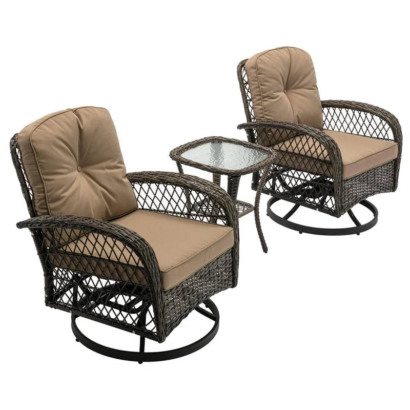 3-Piece Brown Wicker Patio Conversation Set Outdoor Rocking Chair with Khaki Cushions