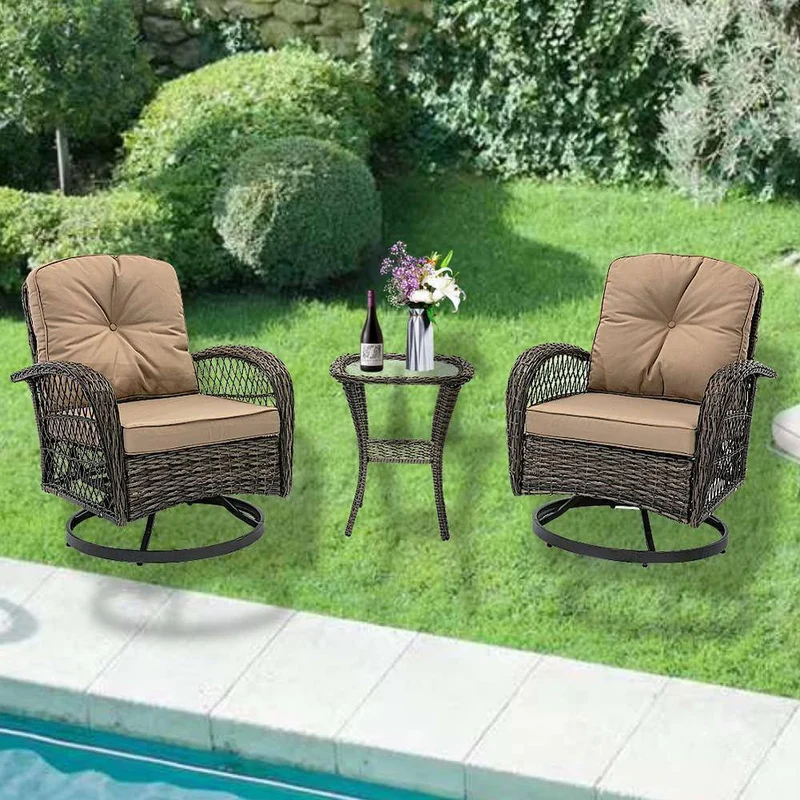 3-Piece Brown Wicker Patio Conversation Set Outdoor Rocking Chair with Khaki Cushions
