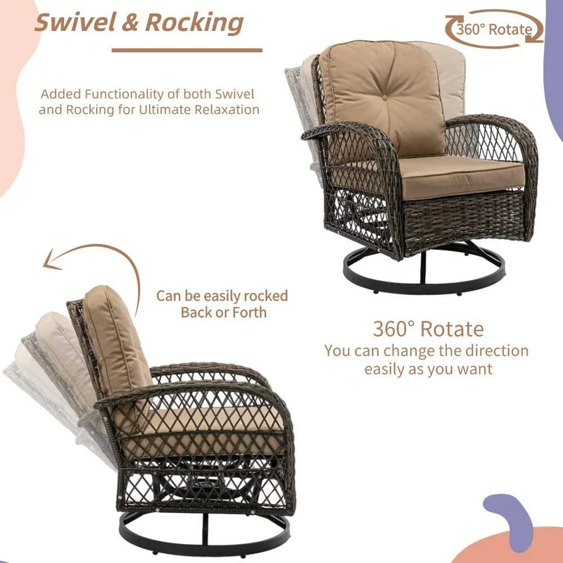 3-Piece Brown Wicker Patio Conversation Set Outdoor Rocking Chair with Khaki Cushions