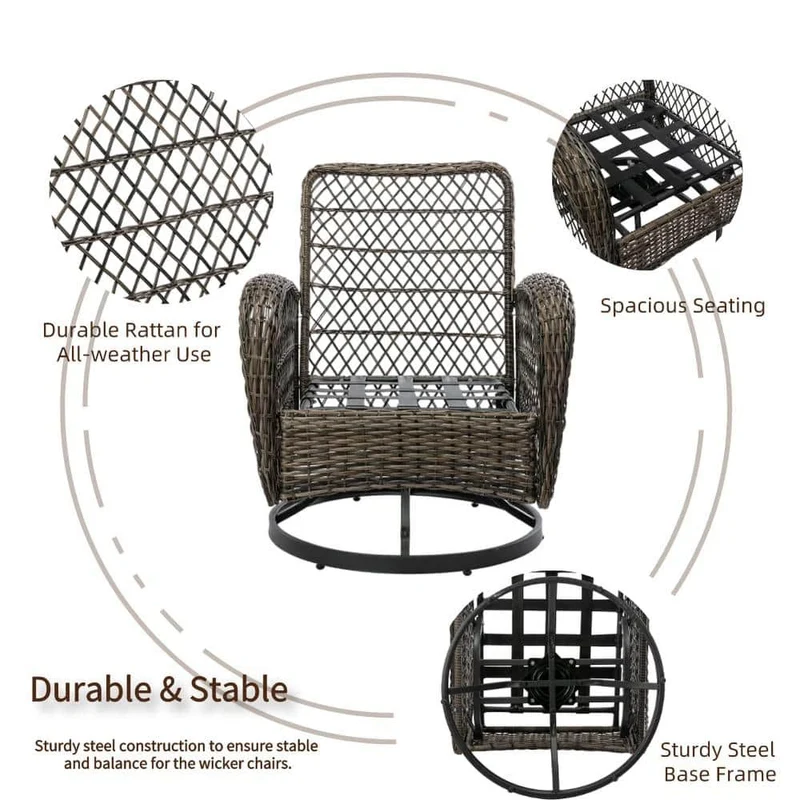 3-Piece Brown Wicker Patio Conversation Set Outdoor Rocking Chair with Khaki Cushions