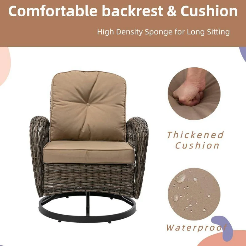3-Piece Brown Wicker Patio Conversation Set Outdoor Rocking Chair with Khaki Cushions