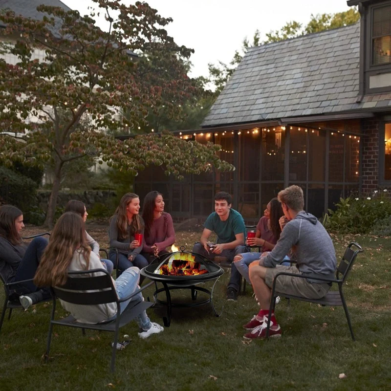 22 in. W x 12 in.H Round Outdoor Metal Wood Burning Fire Pit with Grill and Poker