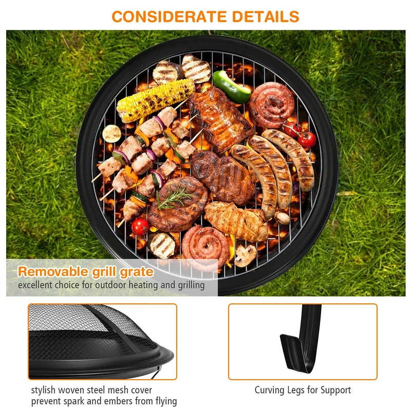 22 in. W x 12 in.H Round Outdoor Metal Wood Burning Fire Pit with Grill and Poker