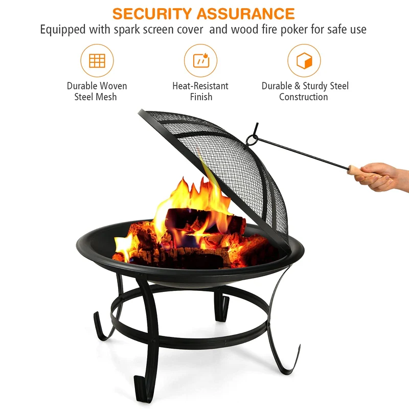 22 in. W x 12 in.H Round Outdoor Metal Wood Burning Fire Pit with Grill and Poker