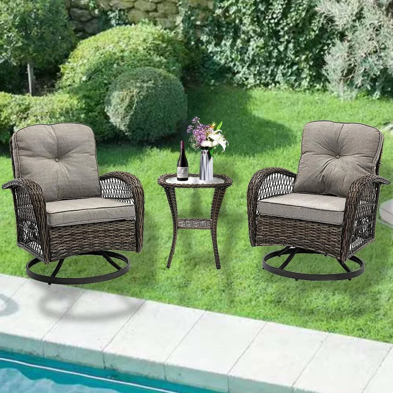 3-Piece Brown Wicker Patio Conversation Set Outdoor Rocking Chair with Grey Cushions