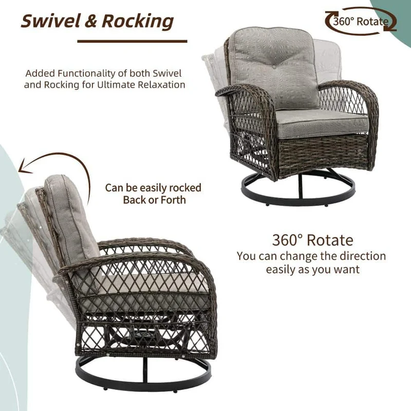 3-Piece Brown Wicker Patio Conversation Set Outdoor Rocking Chair with Grey Cushions