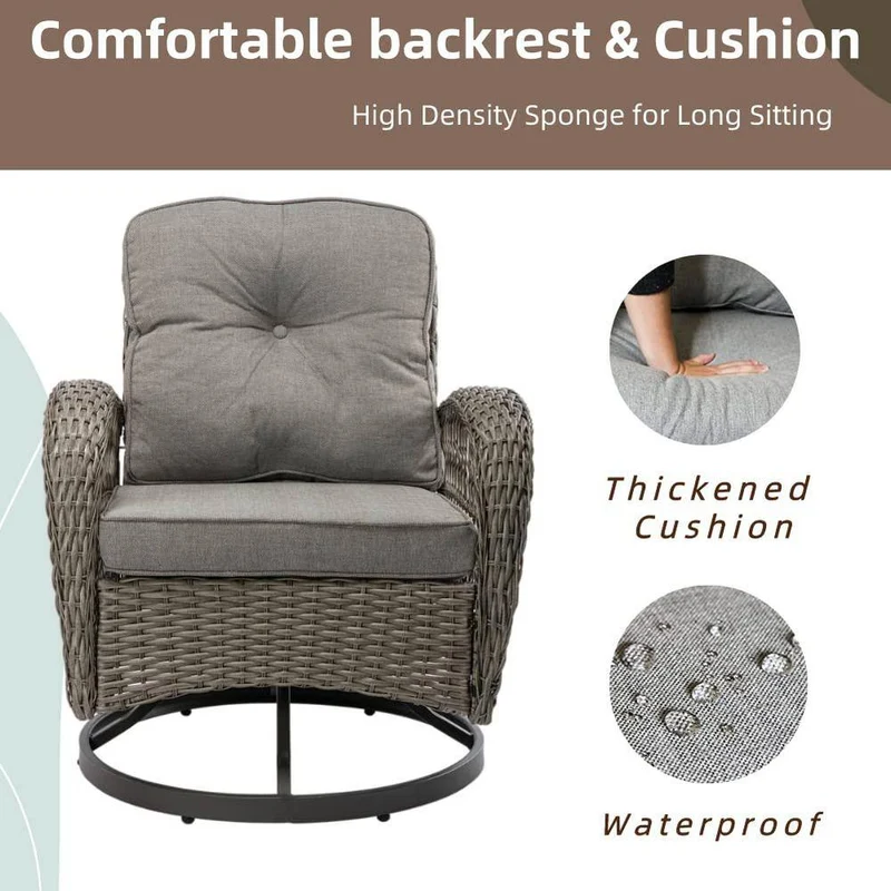 3-Piece Brown Wicker Patio Conversation Set Outdoor Rocking Chair with Grey Cushions