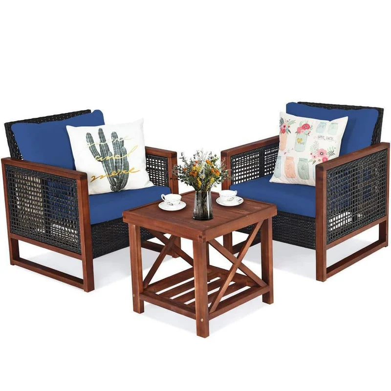 3-Pieces Wicker Outdoor Patio Conversation Set with Wooden Frame and Navy Blue Cushion