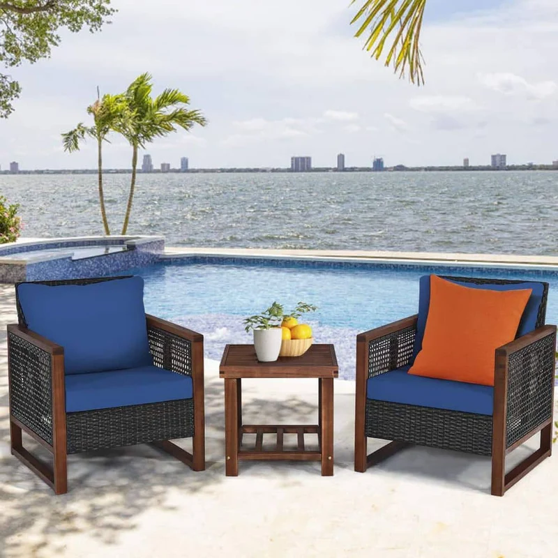 3-Pieces Wicker Outdoor Patio Conversation Set with Wooden Frame and Navy Blue Cushion