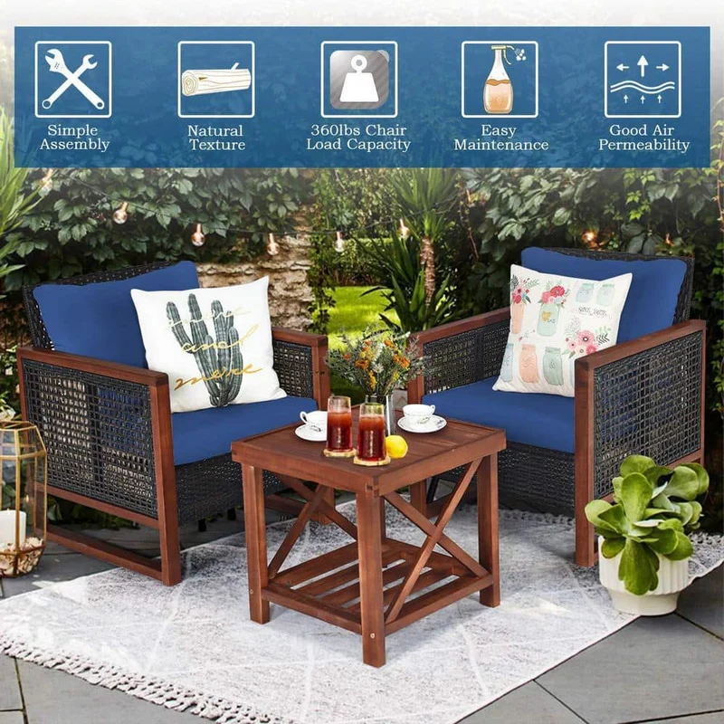3-Pieces Wicker Outdoor Patio Conversation Set with Wooden Frame and Navy Blue Cushion