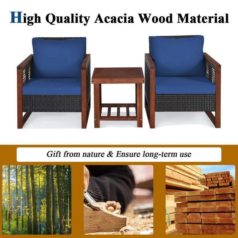3-Pieces Wicker Outdoor Patio Conversation Set with Wooden Frame and Navy Blue Cushion