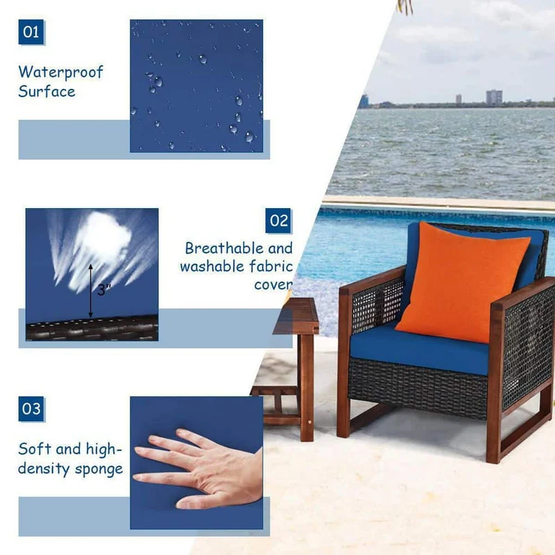 3-Pieces Wicker Outdoor Patio Conversation Set with Wooden Frame and Navy Blue Cushion