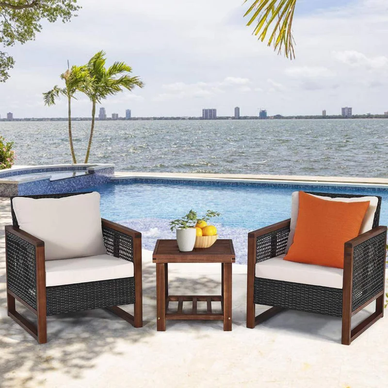 3-Pieces Wicker Outdoor Patio Conversation Set with Wooden Frame and Beige Cushion