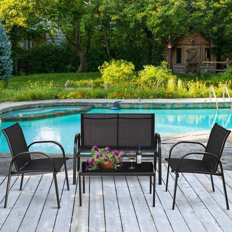 Black 4-Piece Metal Patio Conversation Set with Glass Top Coffee Table