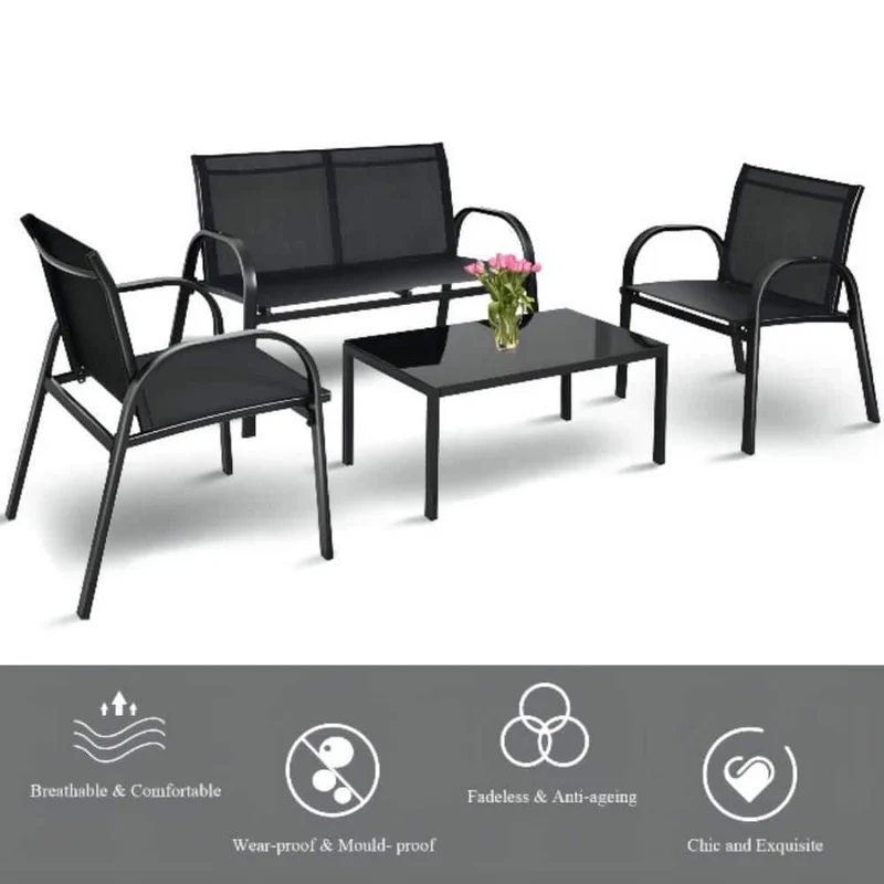 Black 4-Piece Metal Patio Conversation Set with Glass Top Coffee Table