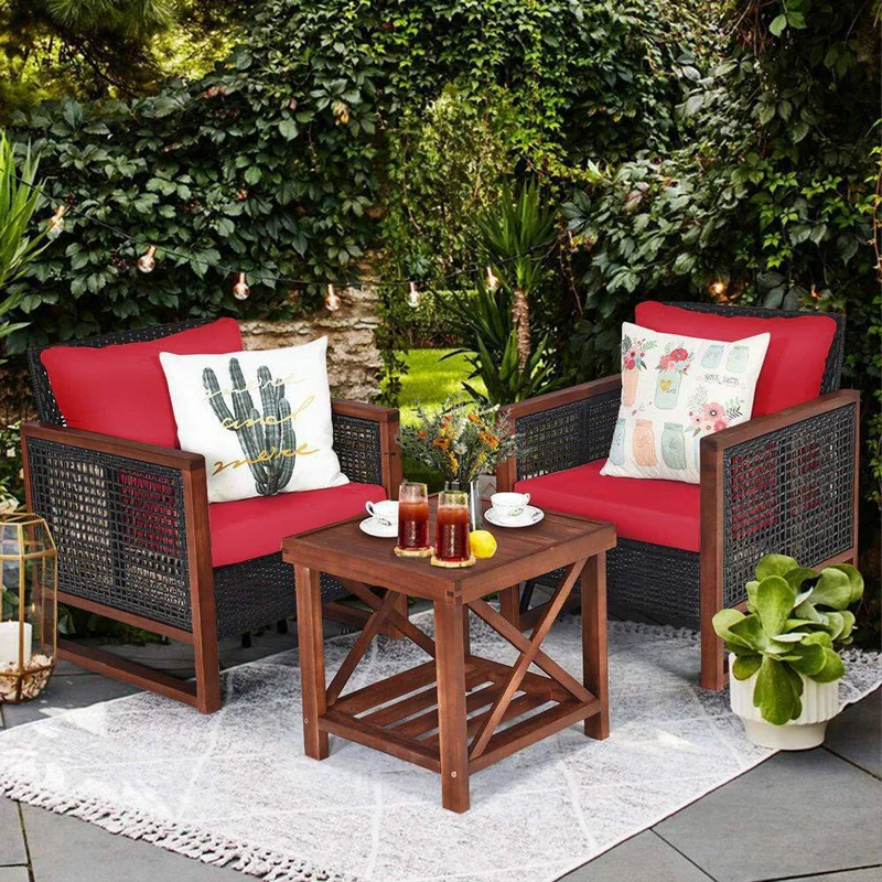 3-Pieces Wicker Outdoor Patio Conversation Set with Wooden Frame and Red Cushions