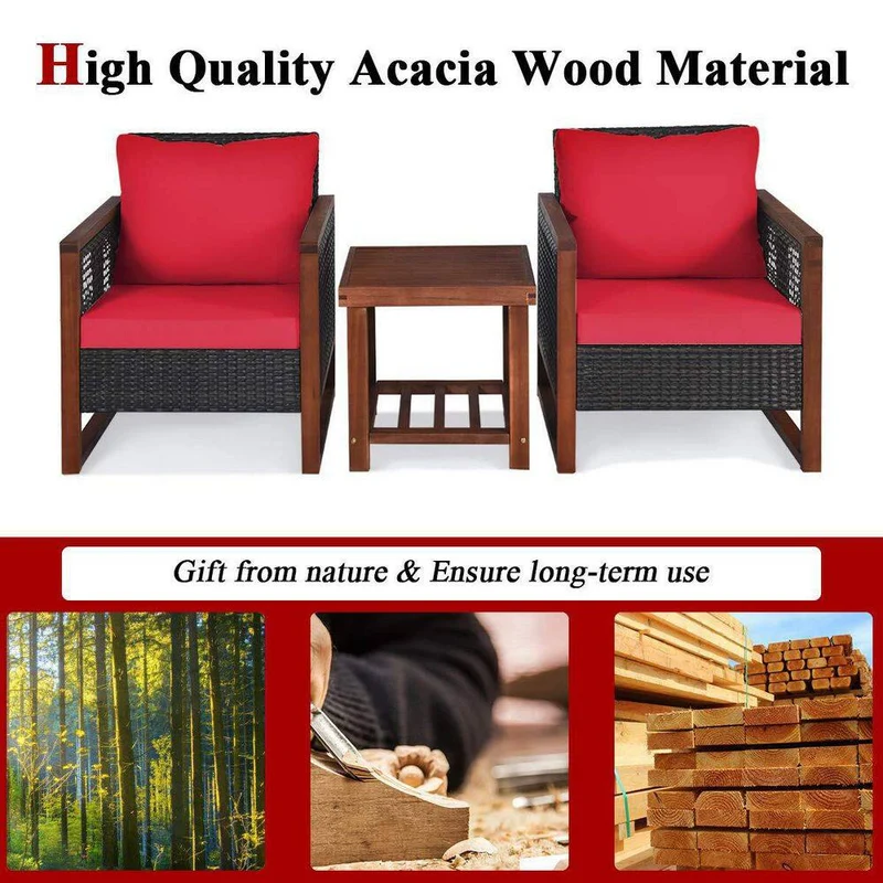 3-Pieces Wicker Outdoor Patio Conversation Set with Wooden Frame and Red Cushions