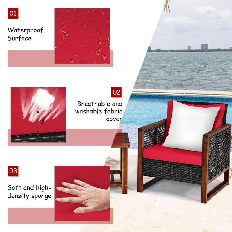 3-Pieces Wicker Outdoor Patio Conversation Set with Wooden Frame and Red Cushions