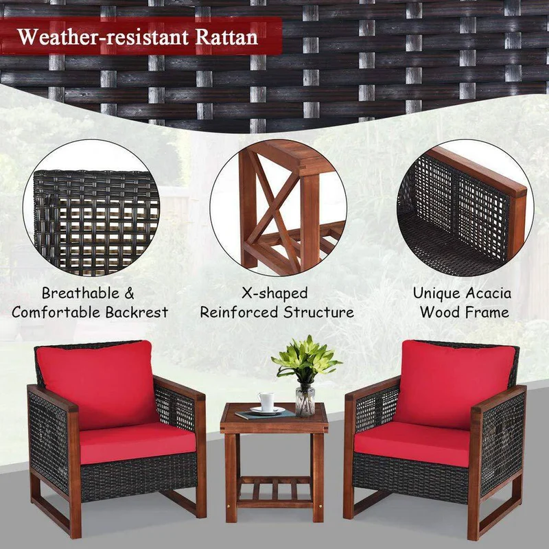 3-Pieces Wicker Outdoor Patio Conversation Set with Wooden Frame and Red Cushions