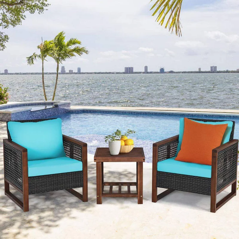 3-Pieces Wicker Outdoor Patio Conversation Set with Wooden Frame and Turquoise Cushion
