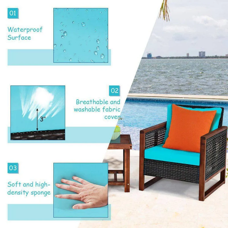 3-Pieces Wicker Outdoor Patio Conversation Set with Wooden Frame and Turquoise Cushion