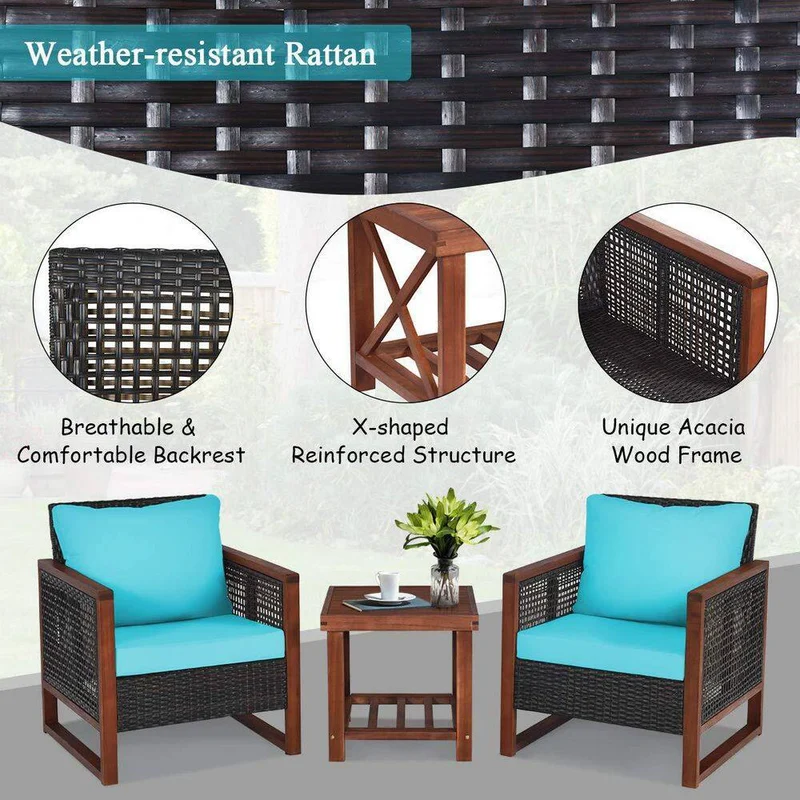 3-Pieces Wicker Outdoor Patio Conversation Set with Wooden Frame and Turquoise Cushion