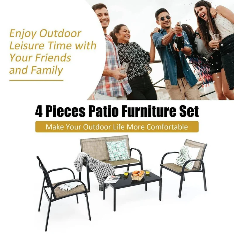 Brown 4-Piece Metal Patio Conversation Set with Glass Top Coffee Table