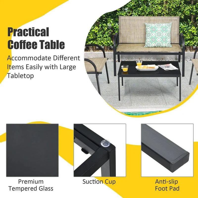 Brown 4-Piece Metal Patio Conversation Set with Glass Top Coffee Table