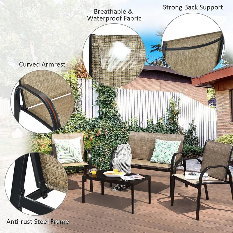 Brown 4-Piece Metal Patio Conversation Set with Glass Top Coffee Table