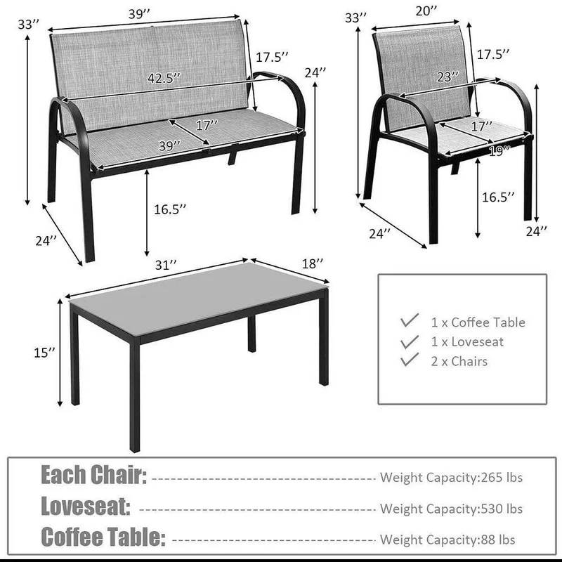 Gray 4-Piece Metal Patio Conversation Set with Glass Top Coffee Table