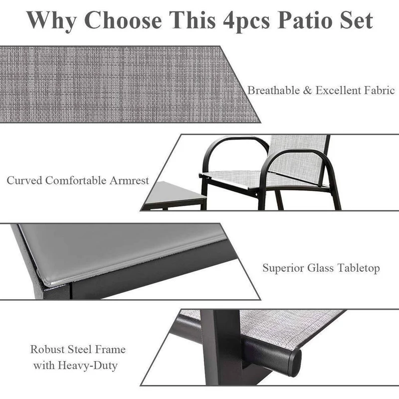 Gray 4-Piece Metal Patio Conversation Set with Glass Top Coffee Table