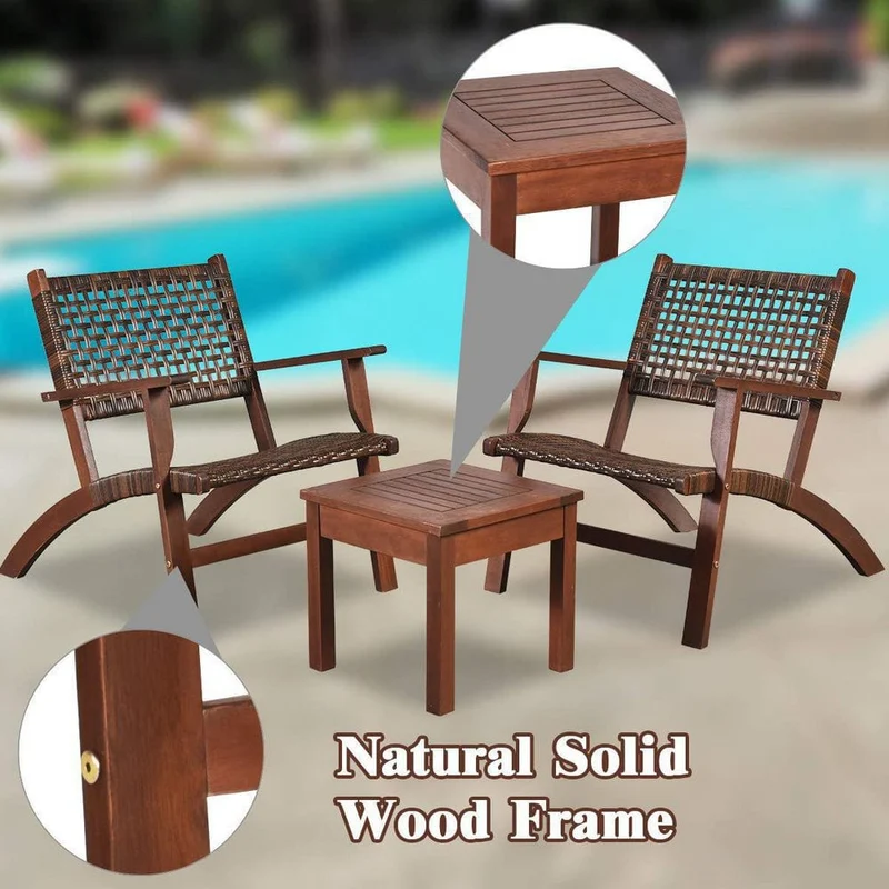 Brown 3-Pieces Wicker Outdoor Bistro Set with Coffee Table